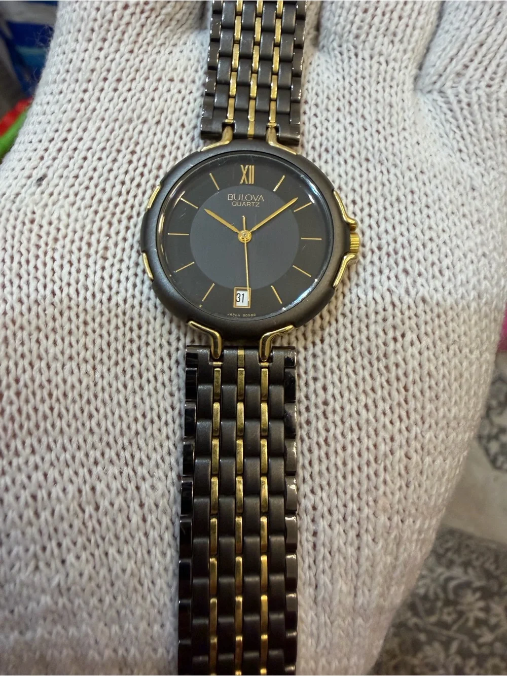 Vintage Bulova Women's Two-Tone Dress Watch Black Geometric Dial Date 60-10 32mm